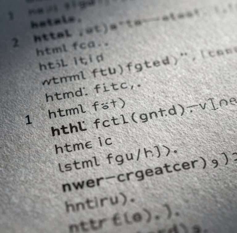 Extreme close-up of raw HTML code overlaid on textured heavy paper stock, sharp shadows, cold screen-glare reflections.
