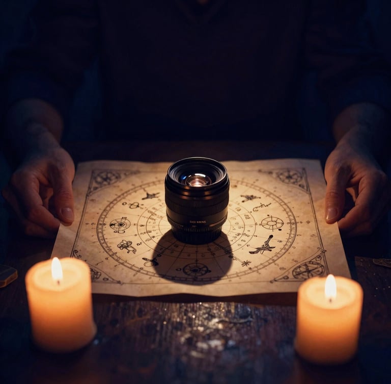 Hands holding an ancient hand-drawn astrological chart under warm candlelight, dramatic shadows, mystical esoteric photography, 35mm lens
