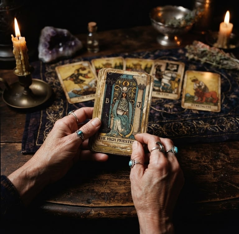Mystical esoteric photography, hands holding ancient tarot cards over a dark wooden table, warm candlelight, deep indigo and gold tones, 35mm lens