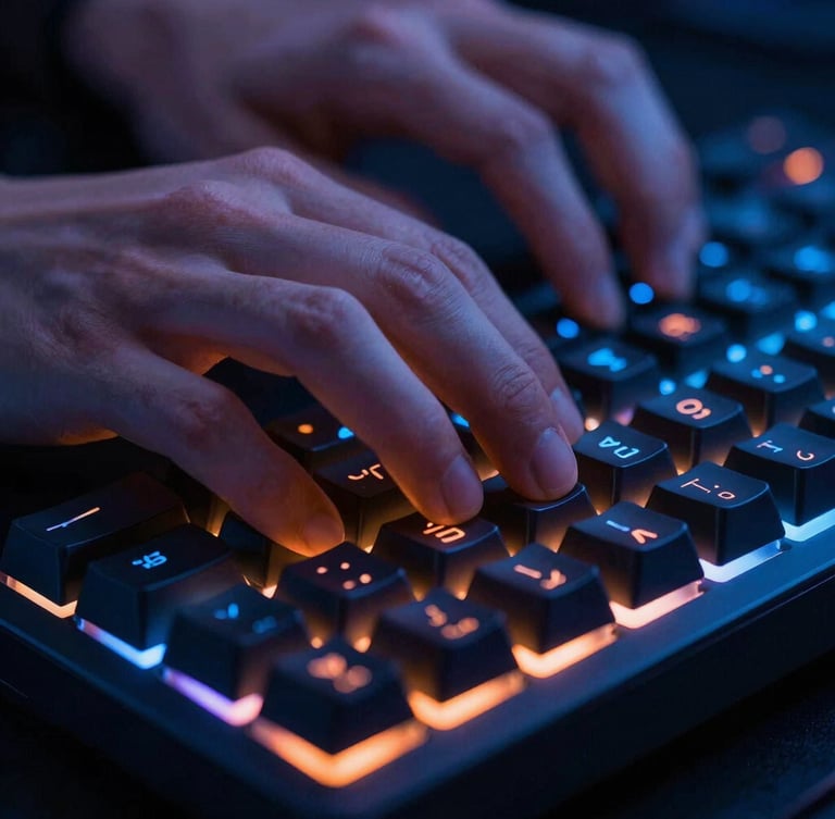 Extreme close-up of a competitive gamer's hands on a mechanical keyboard, neon blue and orange ambient LED glow, sharp focus, 35mm