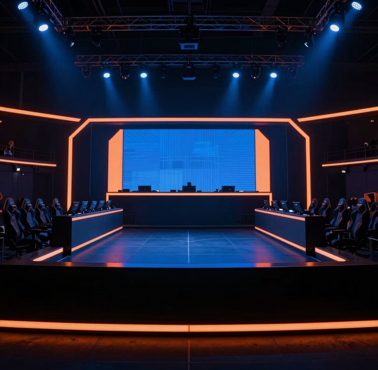 high-contrast esports photography, empty tournament stage in Yulee Florida with cool blue and neon orange ambient LED lighting, wide angle, sharp focus, 35mm