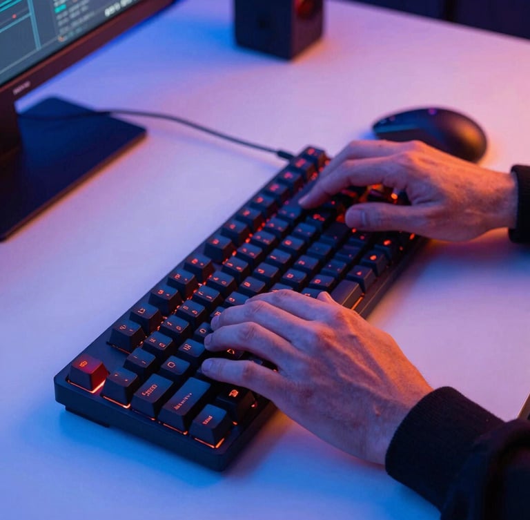 high-contrast esports photography, cool blue and neon orange ambient LED light, close-up of player hands on mechanical keyboard on a stark white desk, sharp focus, 35mm