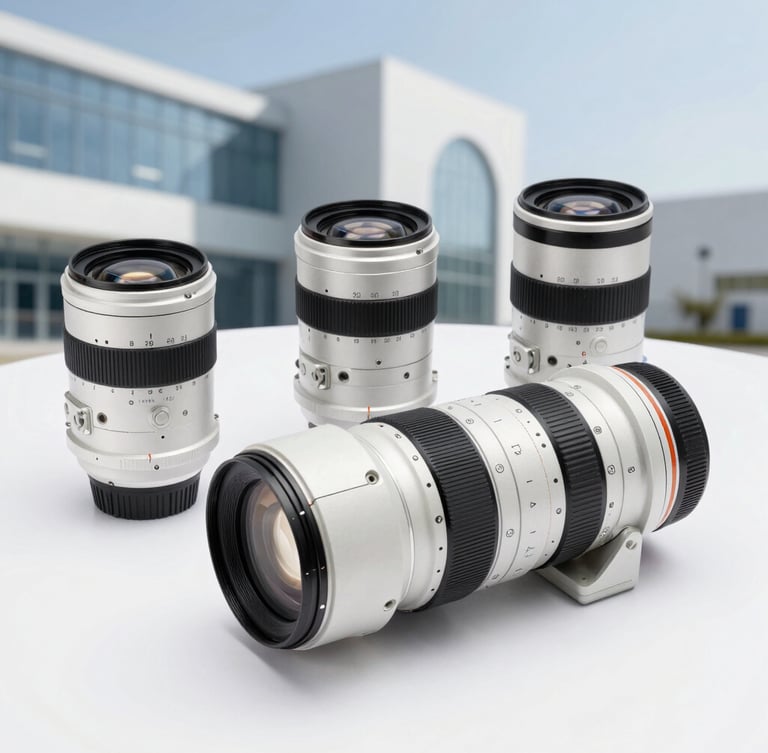 Sharp technical details of high-tech industrial components arranged on a clean white surface, cool-toned studio lighting, professional product photography, 35mm lens