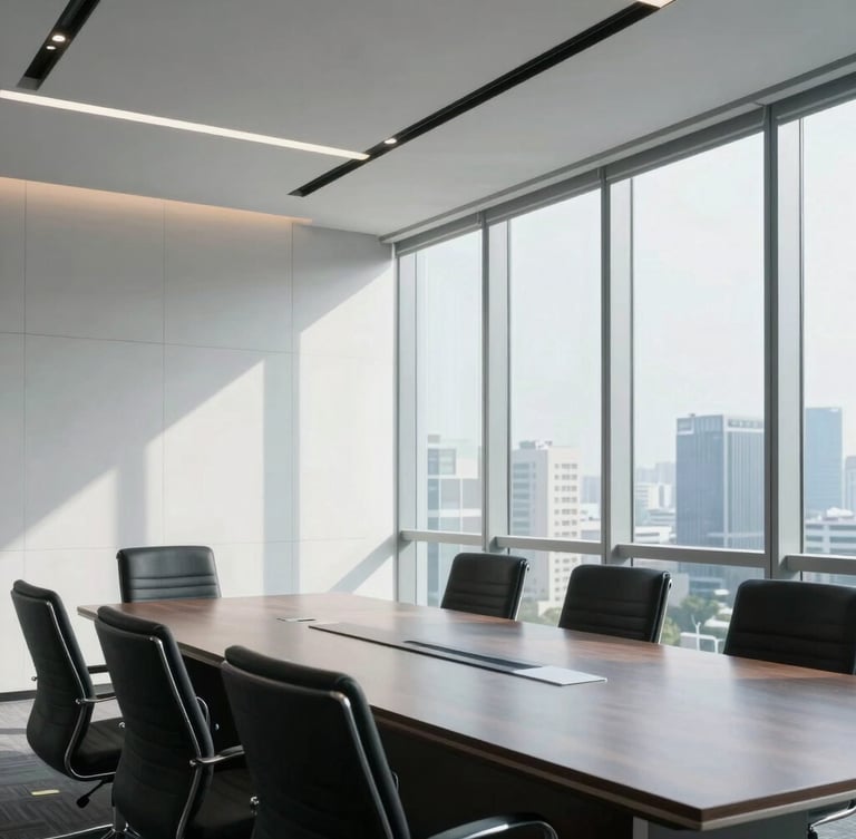 A professional corporate boardroom in Jakarta, sharp architectural lines, cool daylight streaming through floor-to-ceiling windows, minimalist design, 35mm lens