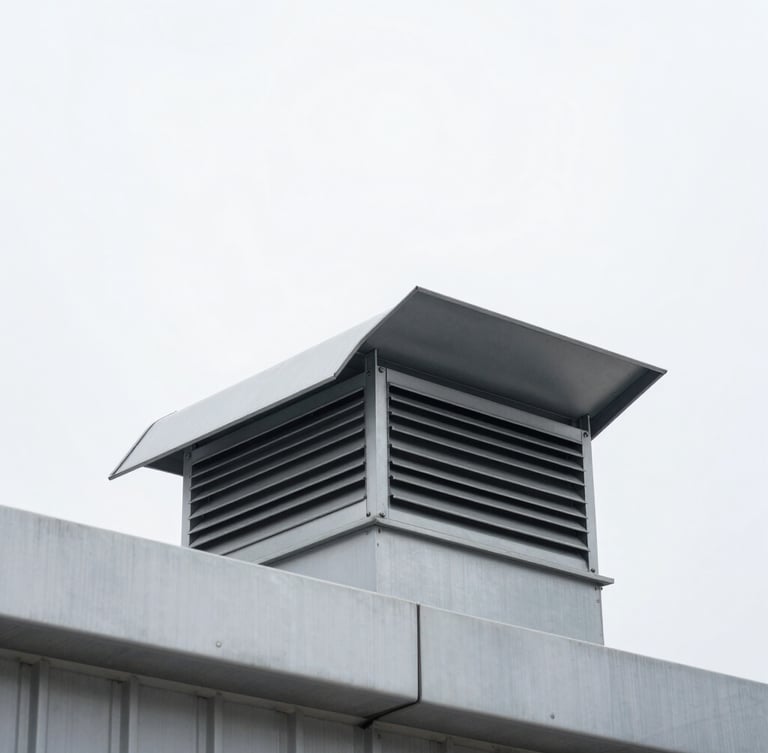Low-angle architectural shot looking up at an installed double flap smoke vent on a modern industrial roof, bright overcast daylight, cool metallic tones, sharp focus, 35mm