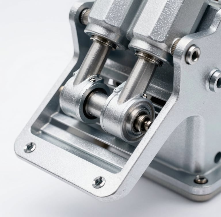 Tight macro shot of a heavy-duty pneumatic actuator linkage on an aluminum flap vent, crisp studio lighting highlighting metal textures, sharp focus, 35mm