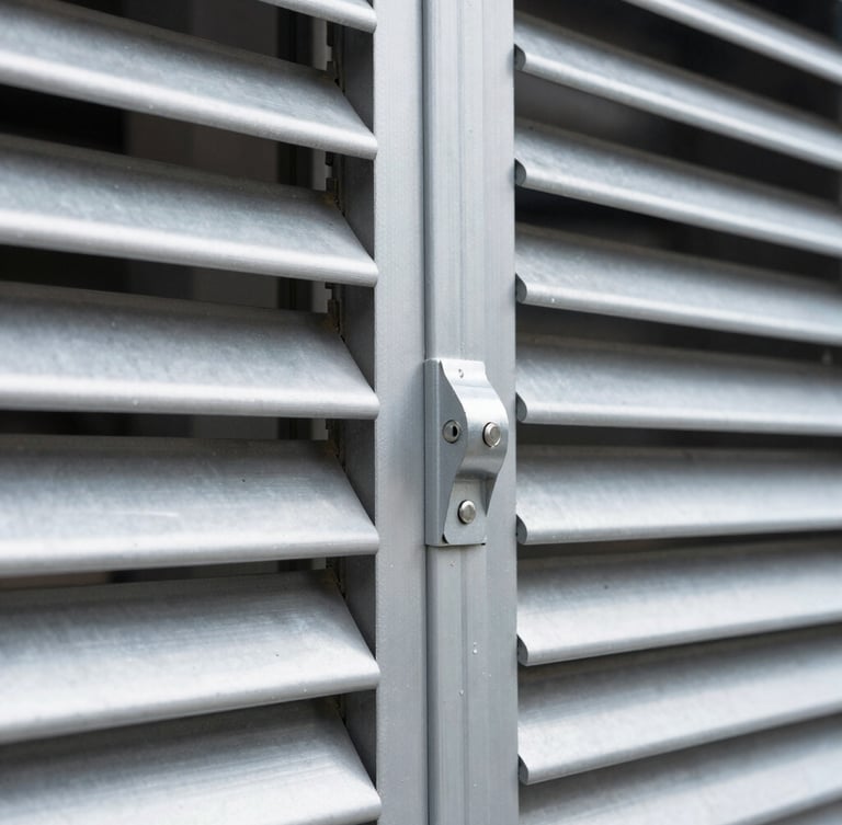 Close-up macro shot of heavy-duty aluminum louvers and mechanical linkages, crisp industrial daylight, cool metallic tones, sharp focus