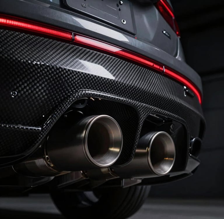Close-up macro shot of a high-end titanium exhaust system and carbon fiber rear diffuser, dramatic red rim lighting, deep shadows.