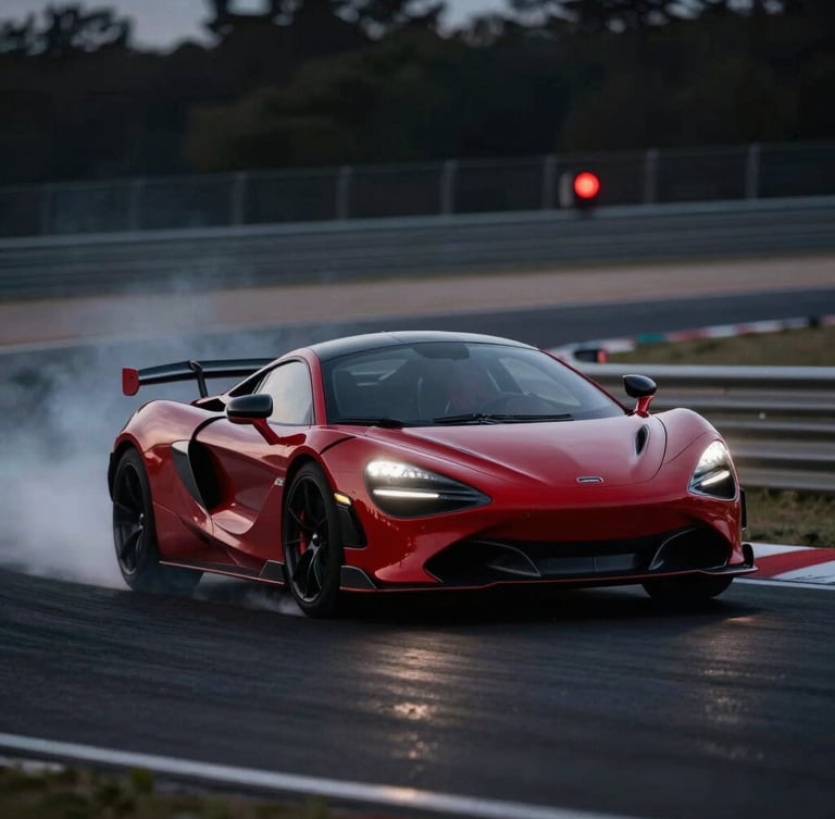 Dynamic action shot of a high-performance sports car clipping an apex on a race track, dramatic low-key lighting, tire smoke catching a red trackside light, 35mm lens.