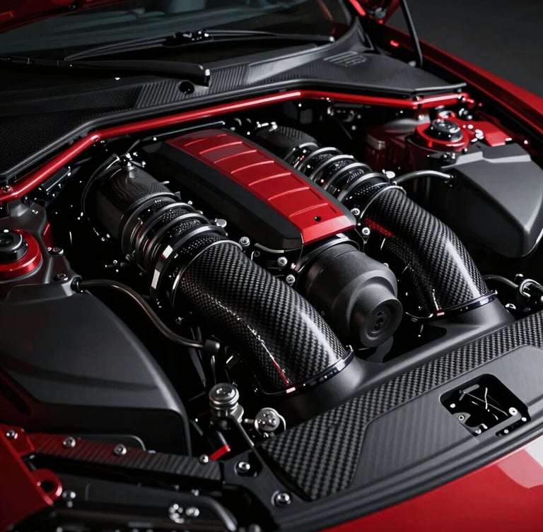 Close-up of a high-end sports car engine bay with carbon fiber intakes, low-key dramatic red rim lighting, high-contrast shadows, 35mm lens