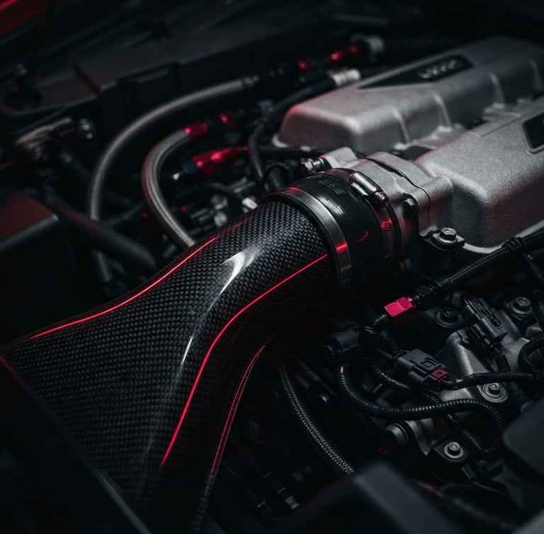 Tight macro shot of a carbon fiber cold air intake pipe inside a high-end engine bay, moody low-key garage lighting with sharp crimson red rim light, technical precision.