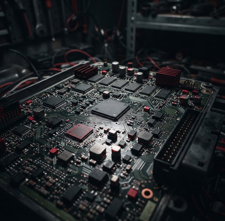 Macro shot of a high-end vehicle ECU circuit board, moody low-key garage lighting, sharp crimson accents, technical details, 35mm lens