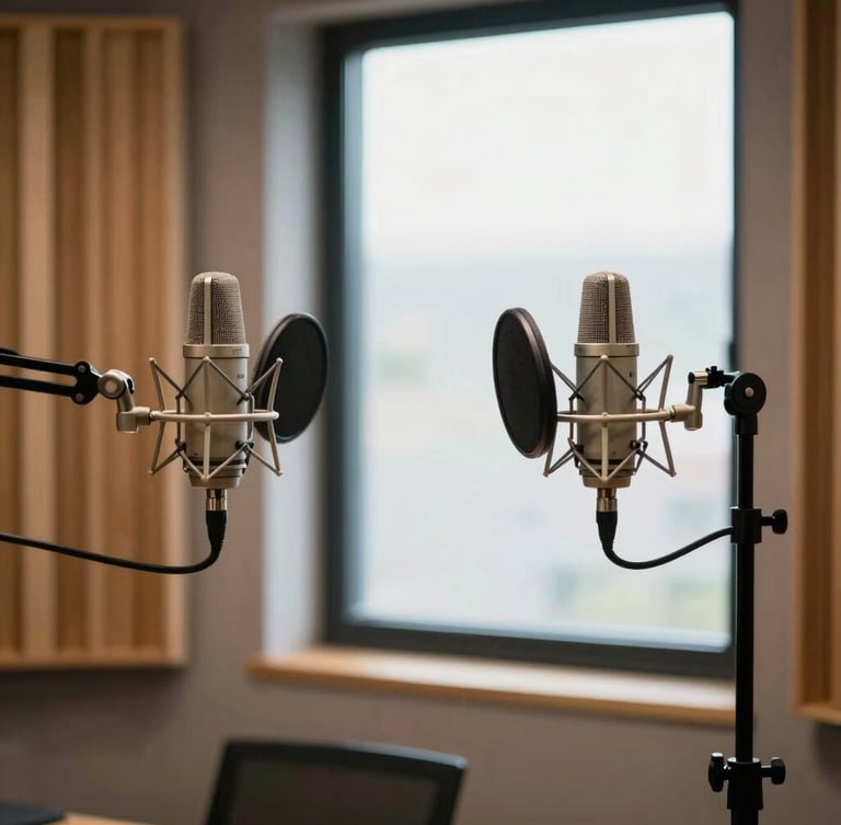 A clean, high-end podcast studio setup with warm wooden panels, professional microphones, and soft overcast daylight streaming through a large window, 35mm lens, sharp focus