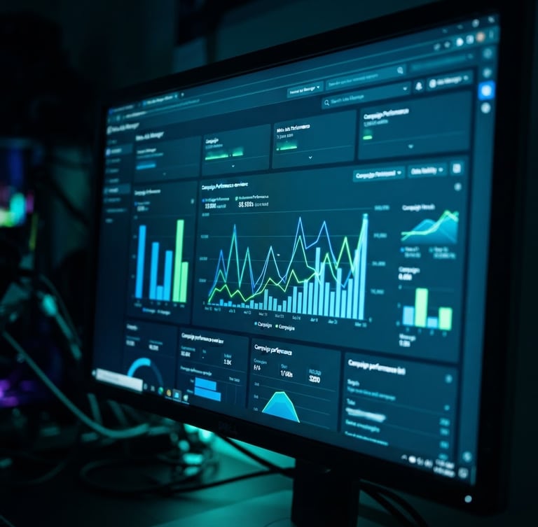 Macro close-up of a glowing high-end computer screen displaying live Meta Ads Manager dashboard, vibrant cyber-blue charts, dark ambient studio lighting, sharp focus, 35mm
