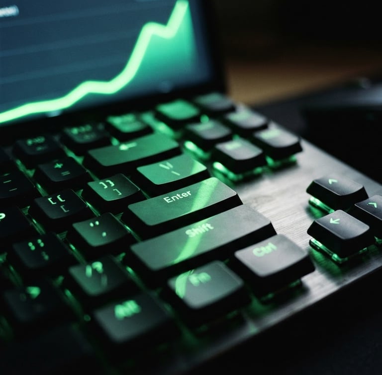 Macro close-up of a high-contrast dark mode analytics dashboard showing a steep upward green conversion curve, glowing neon green screen reflections on a metallic keyboard, 35mm photography
