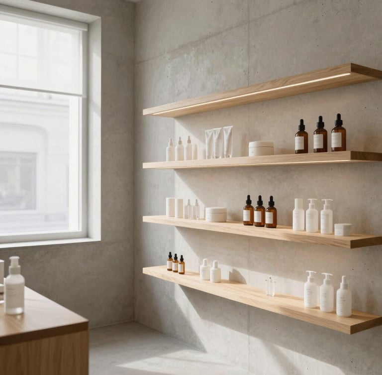 Minimalist, bright Japanese skincare studio interior in Vilnius, raw concrete walls, light warm wood shelves, soft natural light filtered through screens, clean lines, serene atmosphere.
