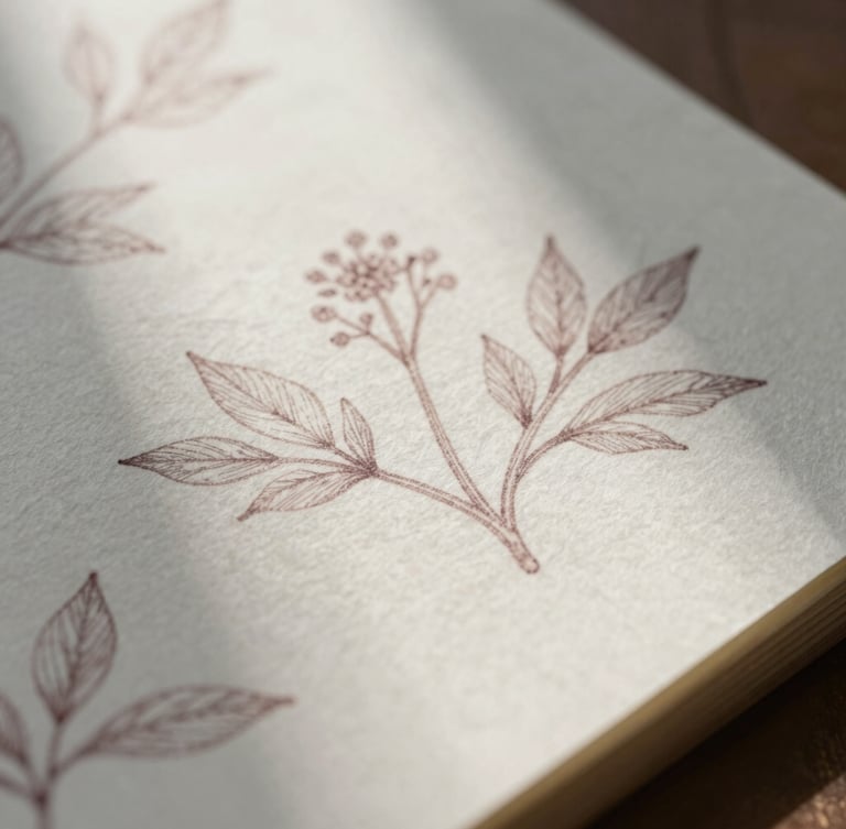 Macro close-up of deckle-edged cotton paper with delicate hand-drawn botanical sketches in soft mauve ink, flooded with soft filtered morning light.