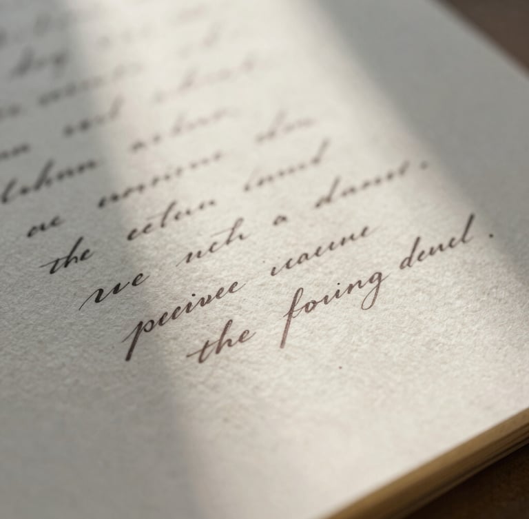 Macro close-up of deckle-edged cotton paper with delicate handwritten ink script, soft morning shadows, diffused natural light