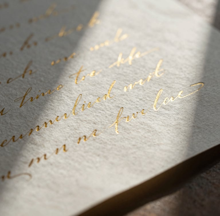 Macro close-up of deckle-edged cotton paper with delicate gold foil calligraphy, soft natural morning light, long gentle shadows