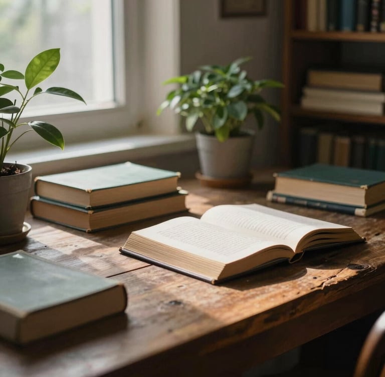 A serene workspace flooded with soft morning light, vintage books, and botanical elements on a rustic desk.