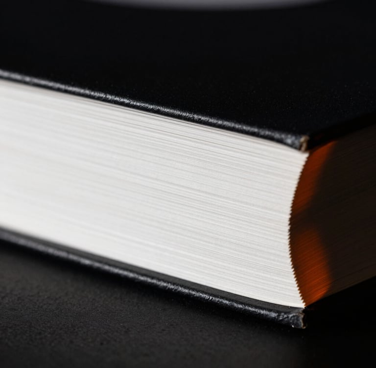 High-contrast macro photograph of a physical book spine, deep shadows, crisp white paper edges visible, dramatic orange accent light from the side.