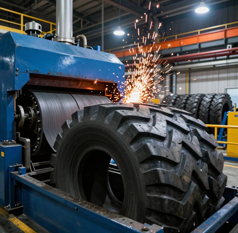 Wide-angle dramatic industrial photography of a modern tire manufacturing facility, heavy machinery vulcanizing rubber, sparks flying in the background, sharp key lights, high-contrast.