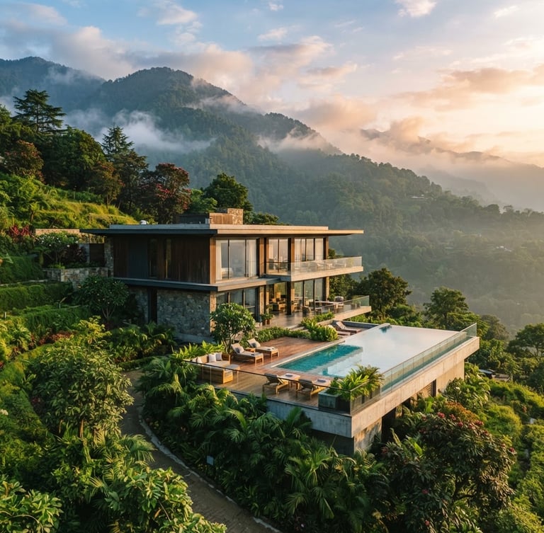 Premium modern villa with clean lines nestled in the misty green foothills of Dehradun, warm morning light, architectural photography, 35mm