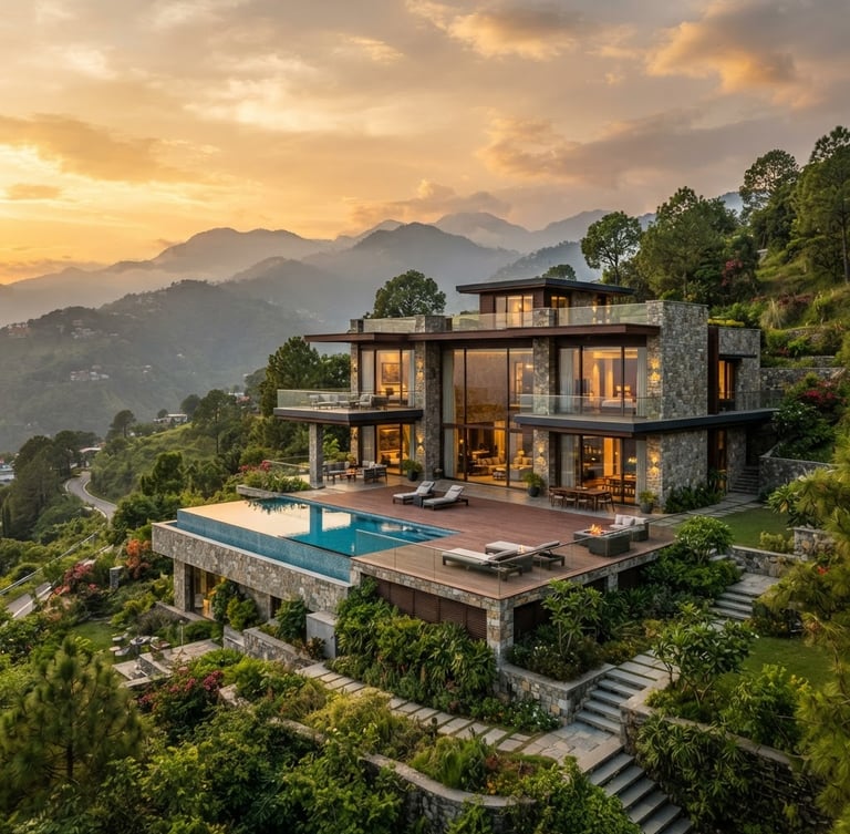 Wide environmental shot of a modern luxury stone villa with glass walls nestled in the green hills of Dehradun, warm golden-hour sunlight illuminating the facade, Mussoorie hills in the misty background, premium architectural photography