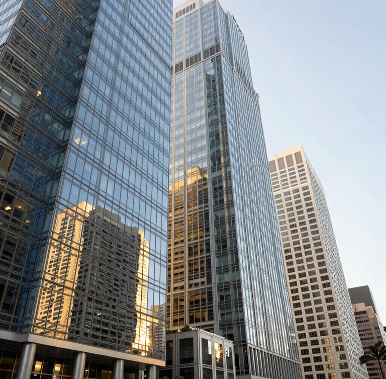Wide architectural shot of glass skyscrapers in Miami Brickell, crisp morning daylight reflecting off corporate facades, sophisticated financial district atmosphere