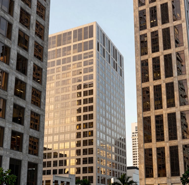 Crisp architectural view of Miami Brickell office buildings under bright corporate daylight, reflecting high-end financial prestige and structured depth.