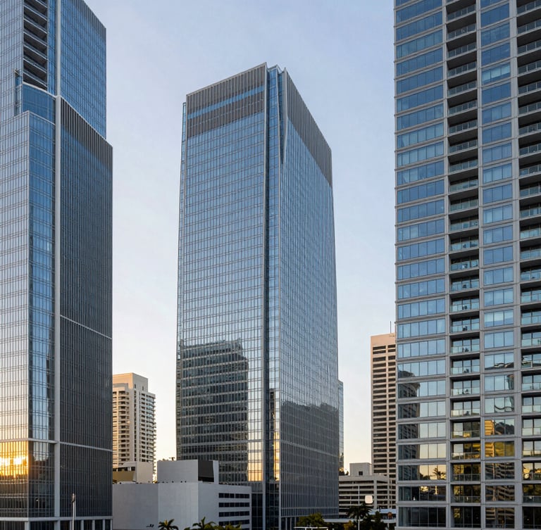Wide architectural shot of Miami Brickell financial district skyscrapers during bright crisp daylight, cool slate blue glass reflections, warm golden-hour accents on the horizon, professional corporate aesthetic