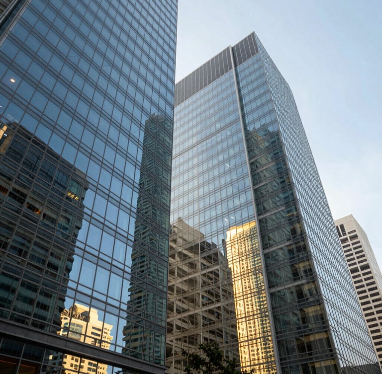 Wide-angle architectural photograph of glass skyscraper facades in Miami Brickell, sharp perspective looking up, bright daylight reflecting off windows, cool slate and deep blue tones.