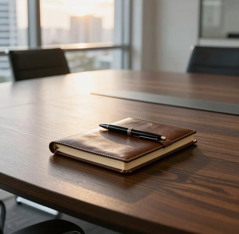 Close-up of a dark oak conference table in a high-end Miami office, sharp focus on a leather-bound notebook and executive pen, warm golden-hour light filtering through large windows.