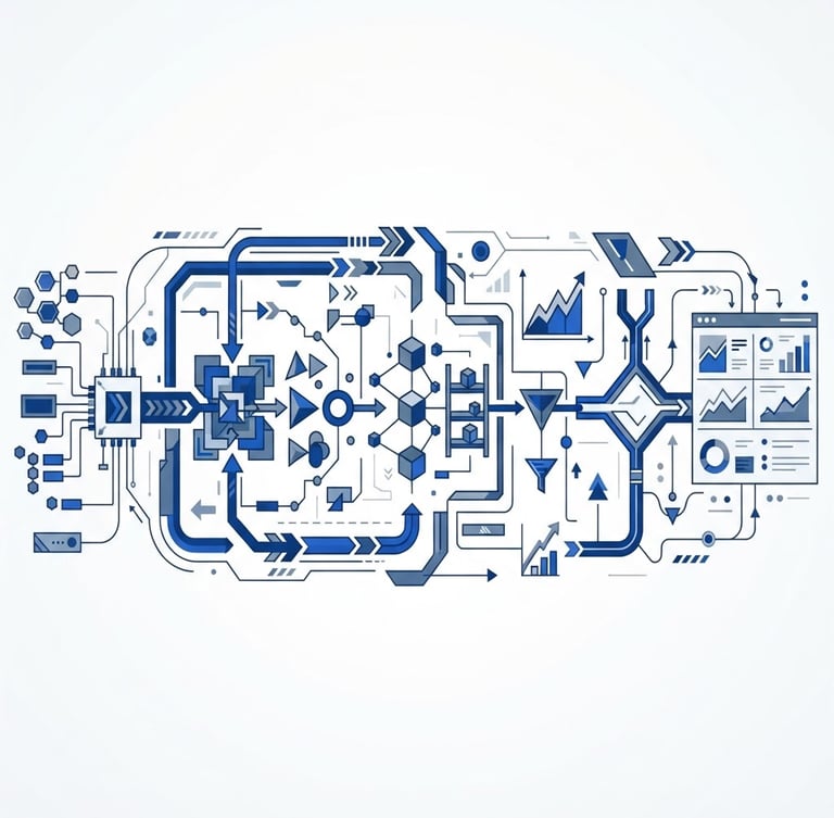 Clean vector illustration of a structured data pipeline, minimalist technical schematics, cobalt blue and slate gray, crisp geometric shapes, modern tech aesthetic