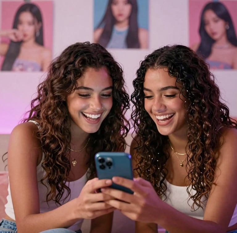 A vibrant cinematic shot of two young Brazilian women laughing and looking at a smartphone screen in a cozy room decorated with K-pop posters, soft romantic lighting