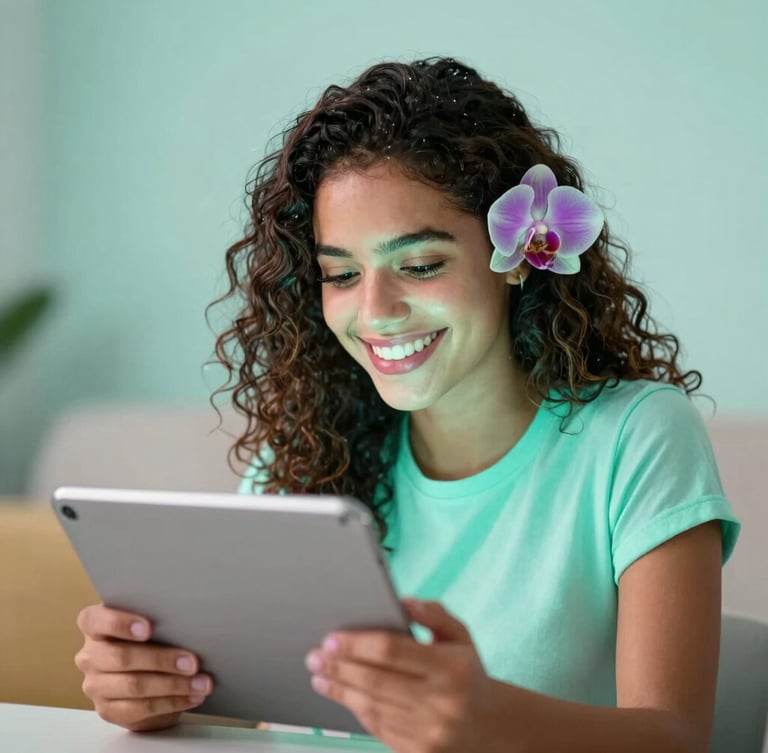 Vibrant editorial portrait of a young Brazilian fan happily watching a dorama on a tablet, soft mint and orchid glow on her face, shallow depth of field