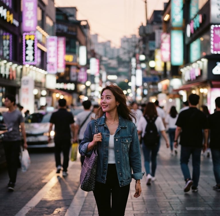 Vibrant editorial photography of a modern Seoul street at dusk with neon signs in orchid and mint, shallow depth of field, 35mm