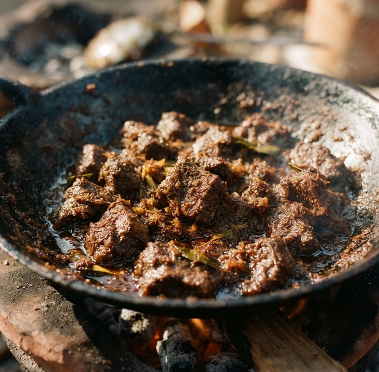 Close-up shot of dark, caramelized rendang glistening with rich oil, cooked over real wood embers, warm afternoon side-light, shallow depth of field, 35mm food photography.
