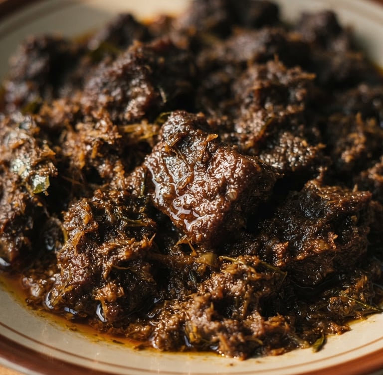 Close-up of dark caramelized Minang rendang glistening with rich coconut oil, warm side-light highlighting the beef textures, shallow depth of field, 35mm