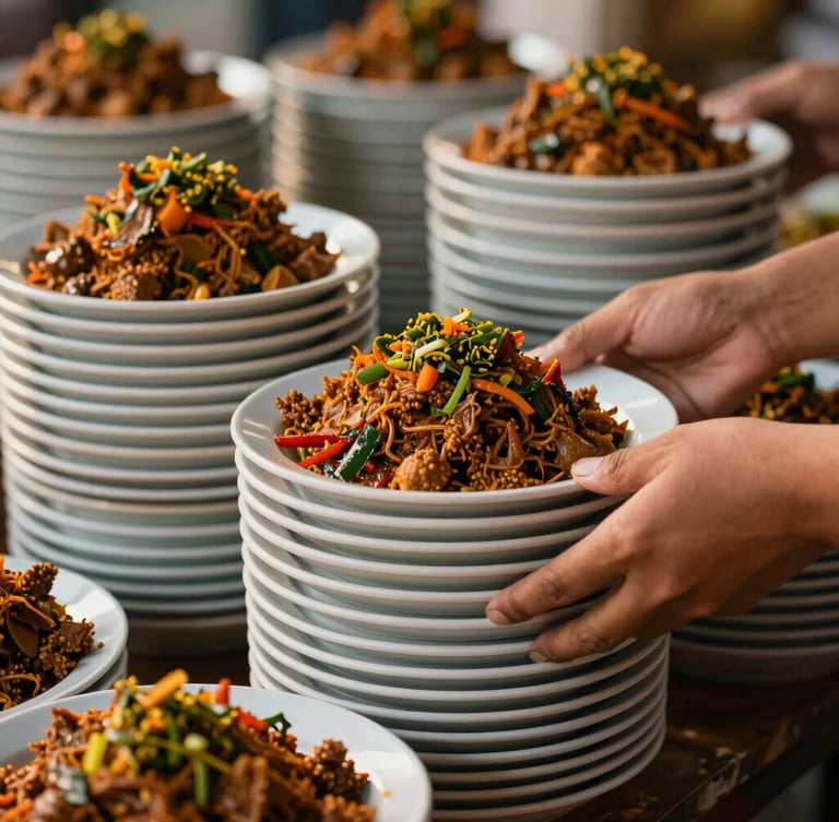 Warm editorial food photography of hands stacking plates in the traditional hidang style, rich gulai and sambal green textures, warm afternoon side-light, shallow depth of field, 35mm