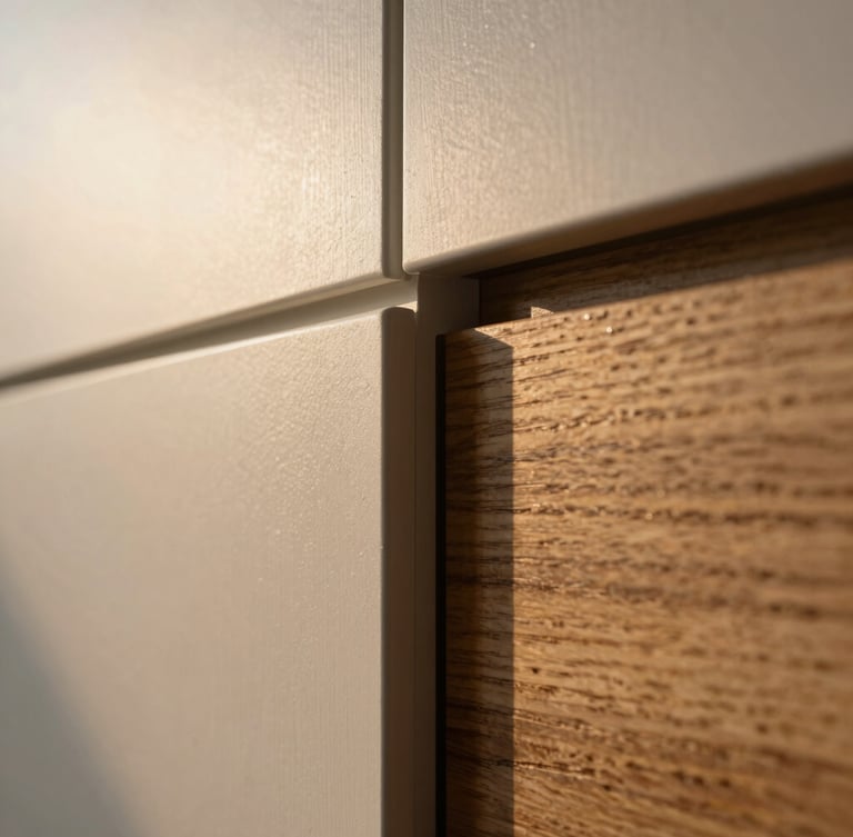 Close-up macro shot of premium paint texture and wood grain transition, flawless seamless joint, warm architectural lighting, luxury details, 35mm