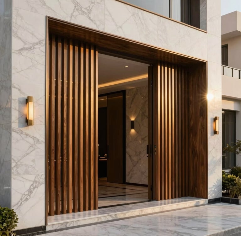 Luxury modern villa entrance in Riyadh, showcasing a seamless transition between polished white marble alternative paneling and warm vertical wood slats, dramatic golden hour sunlight, architectural 35mm photography