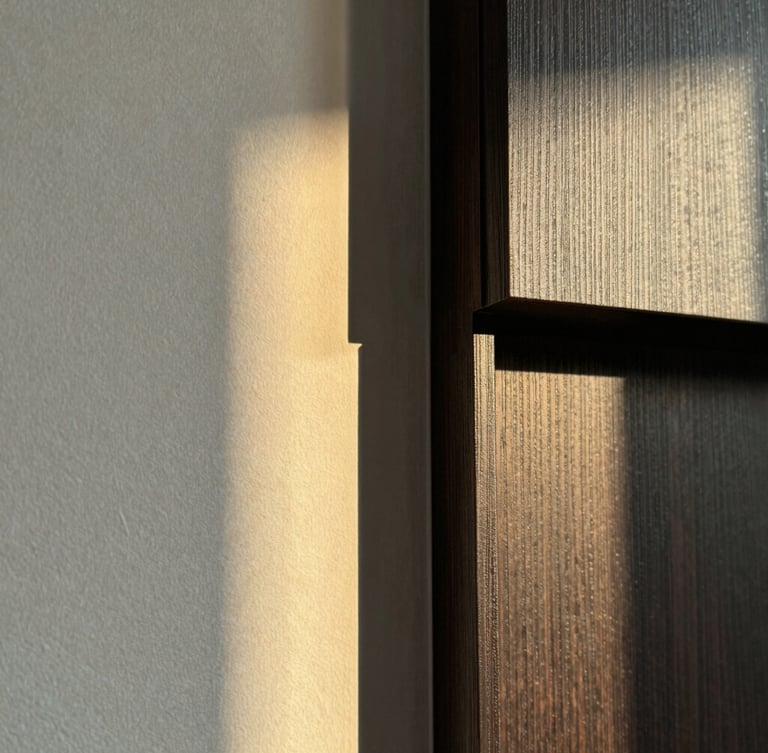 Close-up macro shot of premium textured matte paint on a wall, intersecting with a sleek dark wood panel, sharp focus, architectural lighting, luxury interior detail