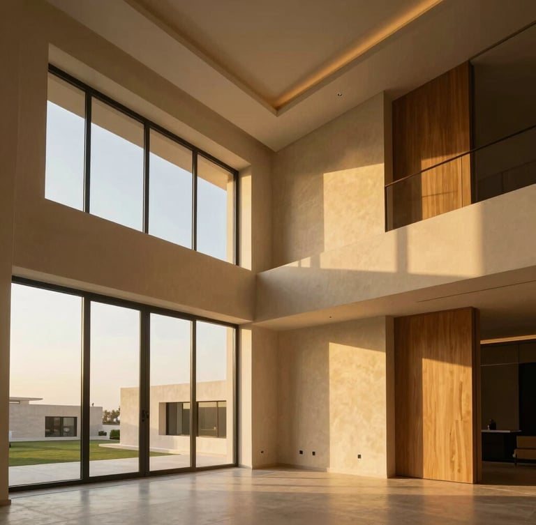 A wide-angle professional architectural photograph of a luxury villa interior in Riyadh. High ceilings with clean geometric gypsum board designs, warm golden-hour sunlight streaming through floor-to-ceiling windows, casting dramatic shadows on smooth textured plaster walls. Minimalist wooden panels visible. 35mm, sharp focus on premium textures.