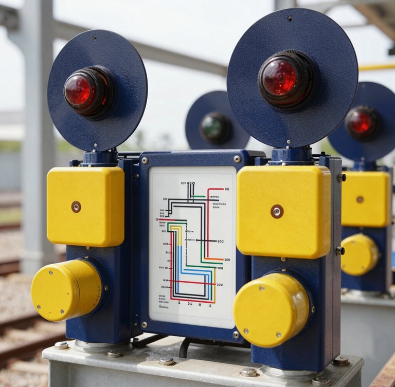 Macro technical photography of railway signaling equipment and color-coded wiring schematics, sharp focus, bright industrial indoor lighting.