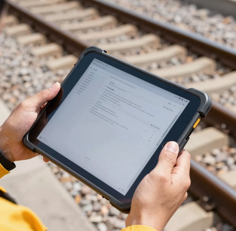 Close-up of hands holding a rugged tablet device on-site showing a technical document, background of steel railway tracks in bright daylight, sharp focus.