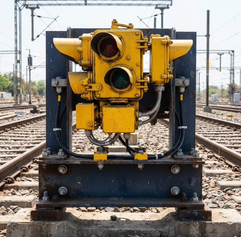 Straight-on macro shot of high-contrast yellow railway signaling equipment on a steel mounting, bright direct Indian daylight, sharp focus, technical blueprint aesthetic.