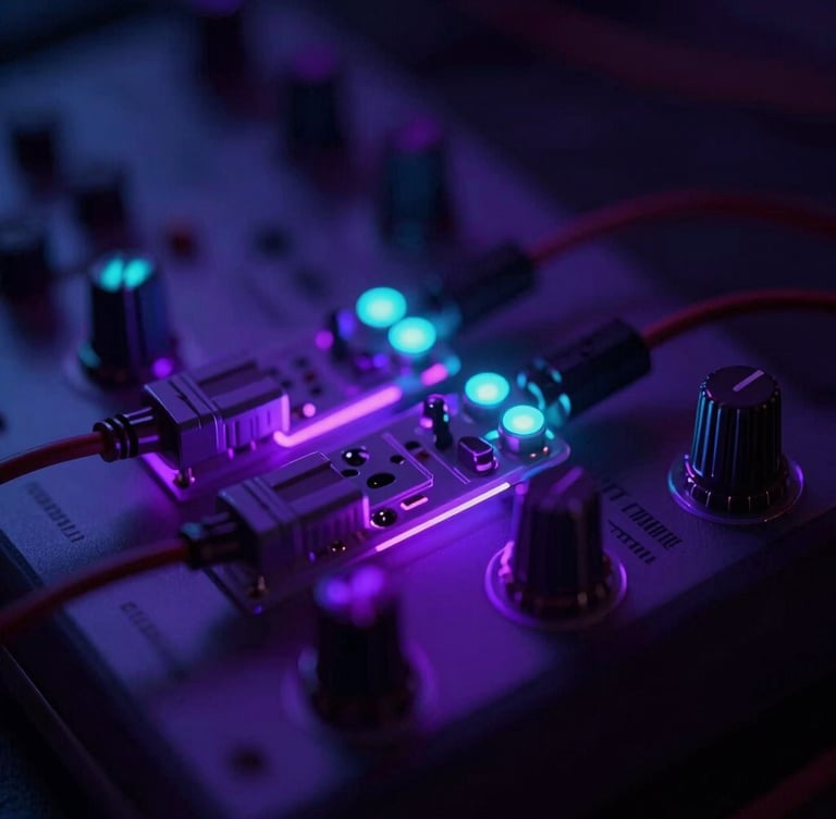 Macro close-up of glowing modular synthesizer patch cables, illuminated by sharp neon violet backlighting, moody low-key digital atmosphere, shallow depth of field