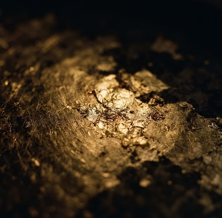 Wide panoramic 21:9 frame, extreme close-up of brushed gold leaf catching soft golden hour sunlight, deep obsidian shadows, dramatic chiaroscuro, luxury editorial photography, 35mm