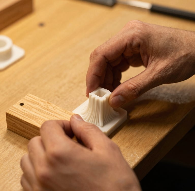 Close-up portrait shot of hands carefully placing a 3D printed part next to a wooden component on a workbench, warm amber side-lighting, rich textures, shallow depth of field, 35mm.